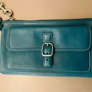 Coach Teal Leather Wristlet Clutch with Buckle